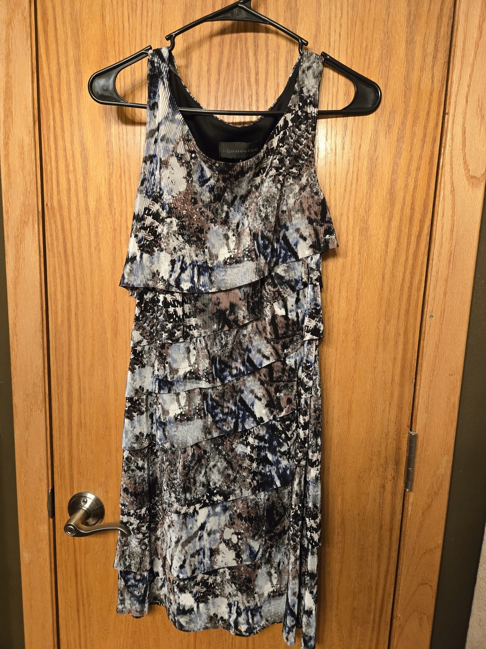 connected apparel Blue and Black Marble Tiered Ruffle Midi Dress